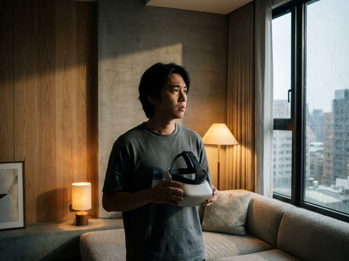 A person in a modern living room looking concerned and thoughtful while holding a VR headset, soft cinematic lighting, emotional atmosphere, 4:3 aspect ratio, no text.
