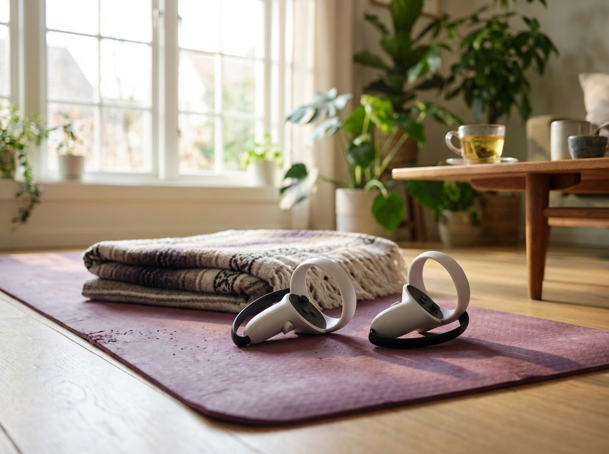 VR controllers resting on a purple yoga mat in a sunny room, lifestyle photography, peaceful and calm setting, 4:3 aspect ratio, no text.