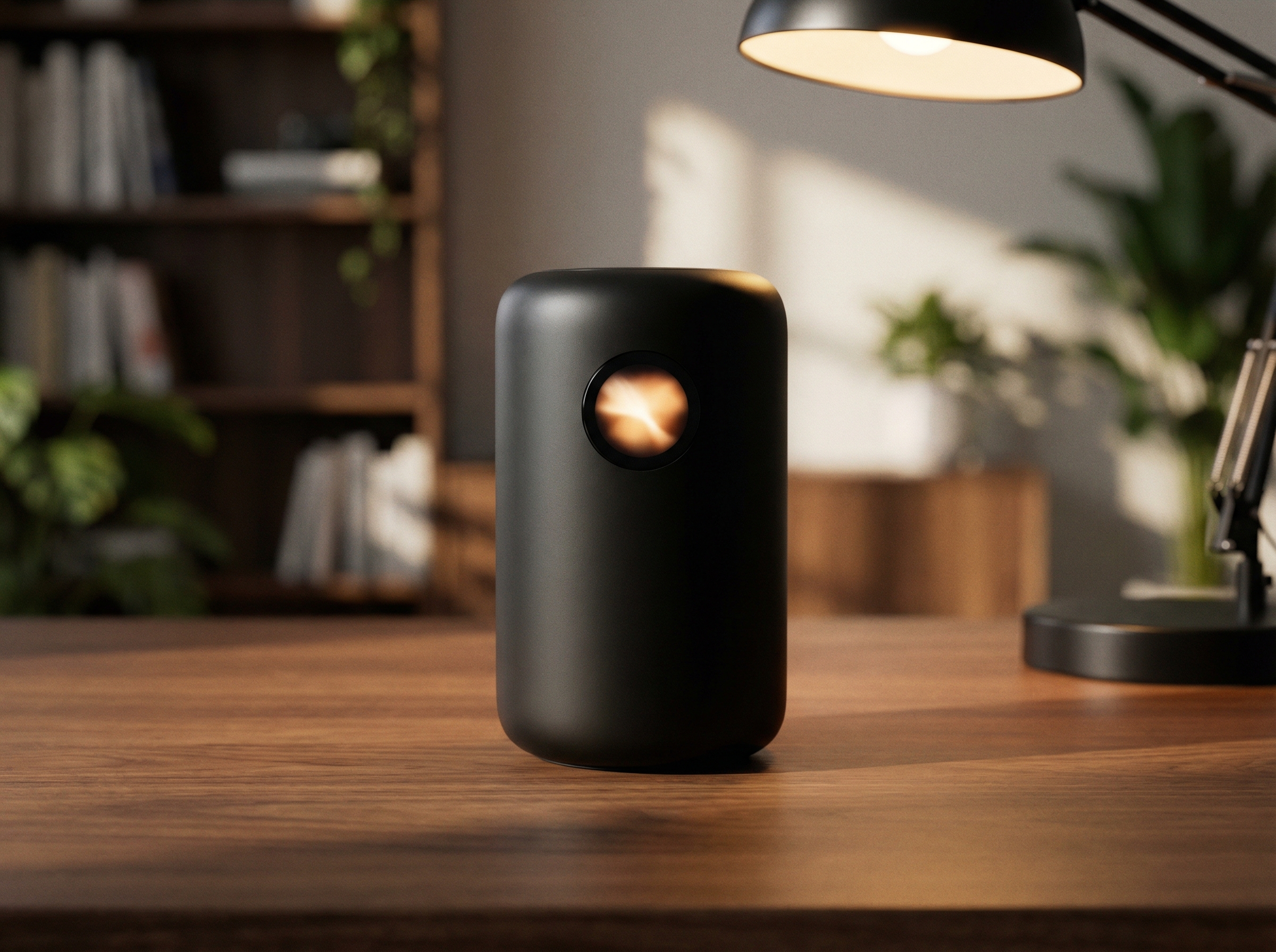 A sleek, cylindrical AI device with a small circular screen sitting on a modern wooden office desk, warm desk lamp lighting, professional home office setup, high-quality product photography, 4:3 aspect ratio, no text.