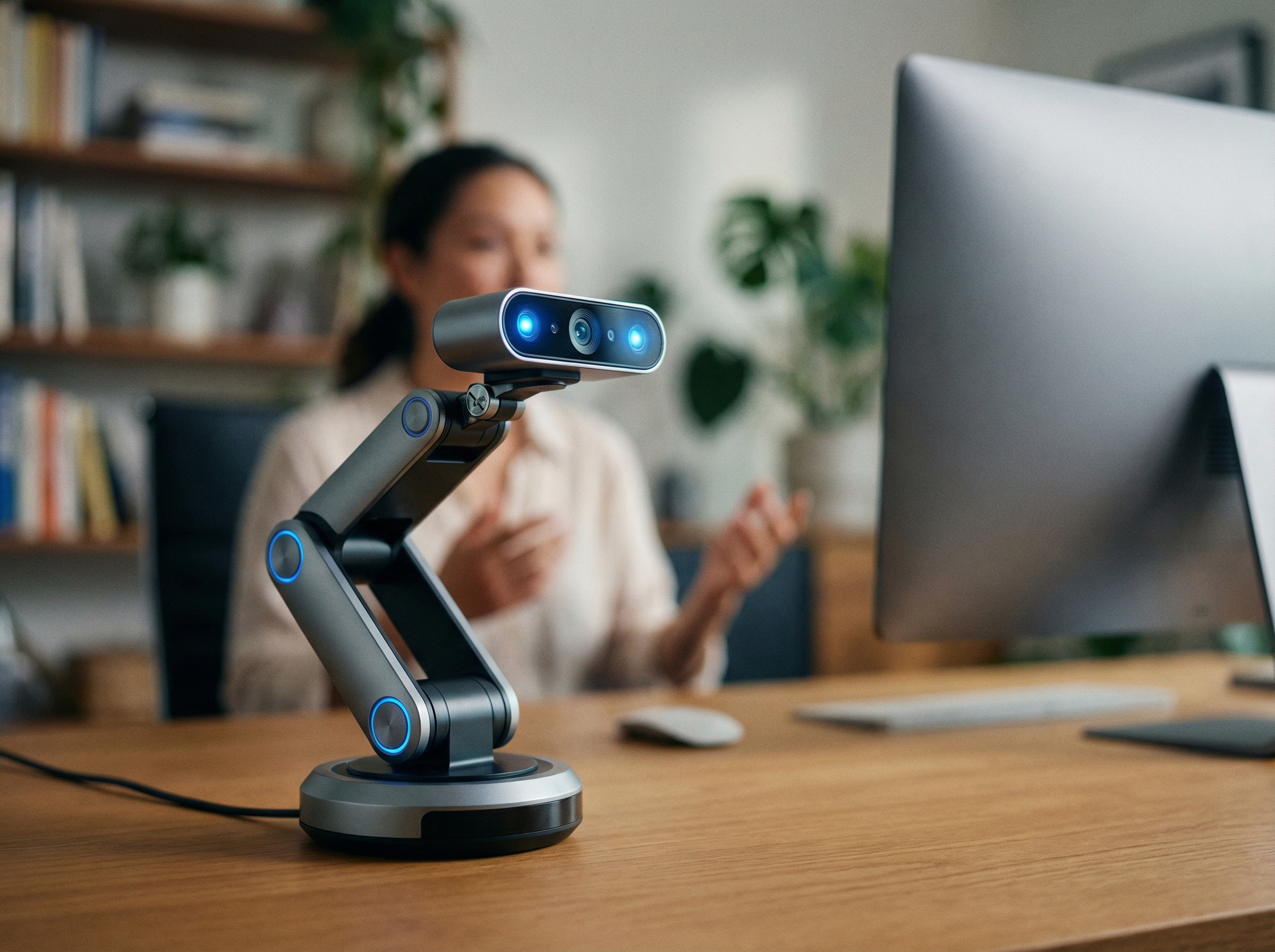 A 4K smart webcam on a desk rotating to follow a person speaking, futuristic technology concept, soft focus background of a home office, realistic digital device, 4:3 aspect ratio, no text.