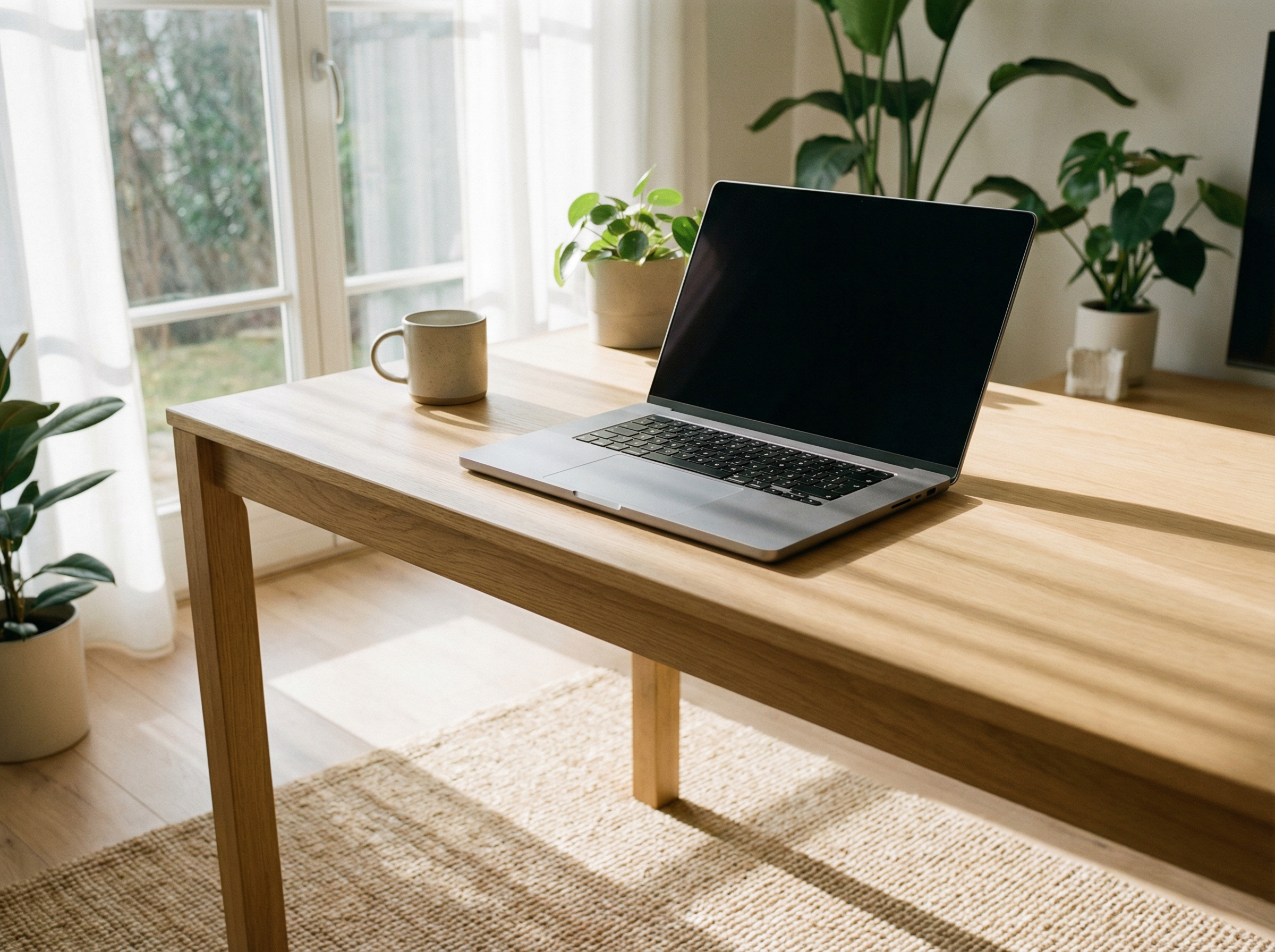 A sleek, silver 16-inch premium laptop on a modern minimalist wooden desk in a bright home office, soft natural morning light, realistic photography style, 4:3, no visible text