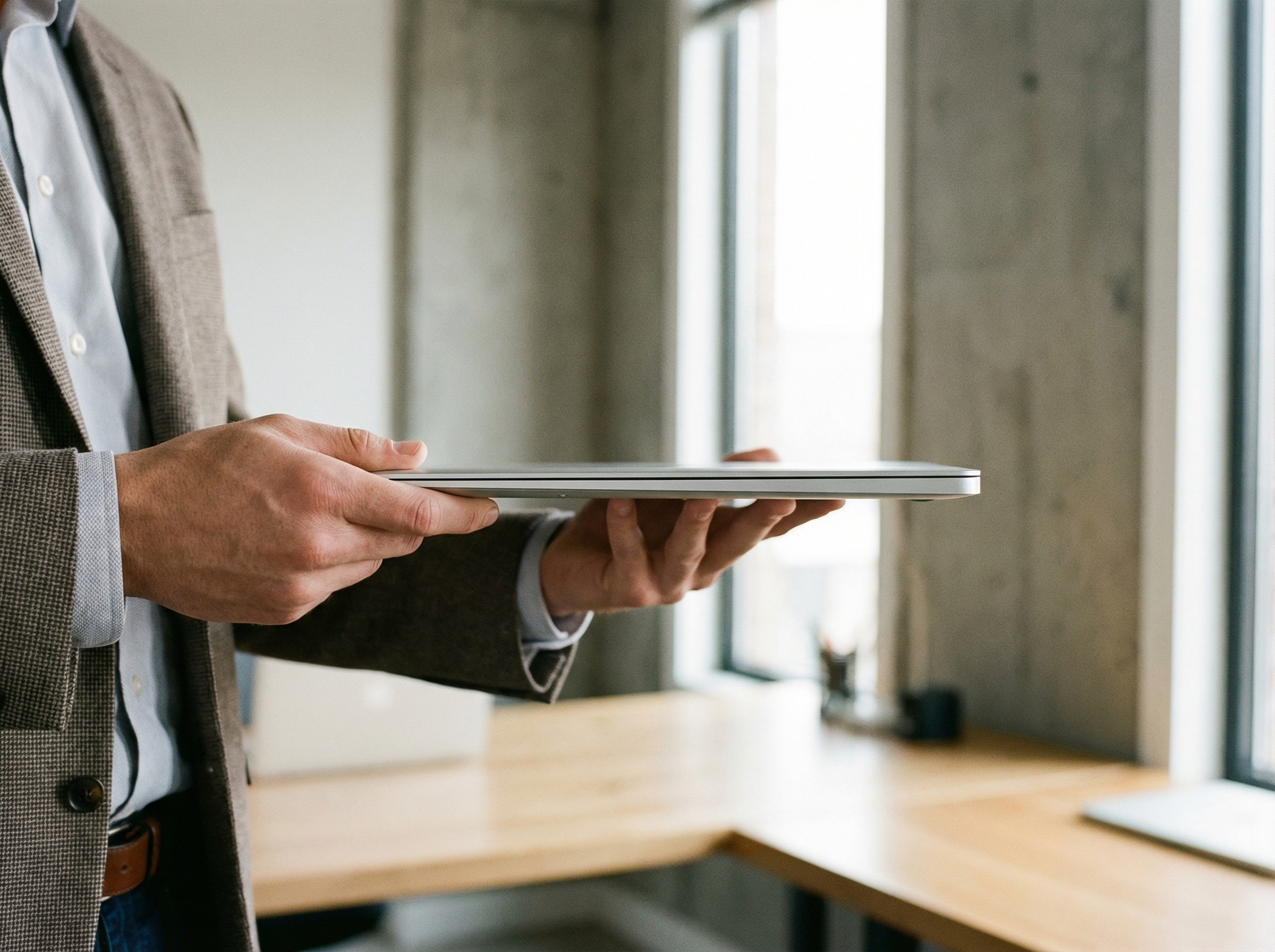 A person in a business casual outfit holding an ultra-thin silver laptop, minimalist professional background, natural lighting, focused on the slim profile of the device, 4:3, no visible text
