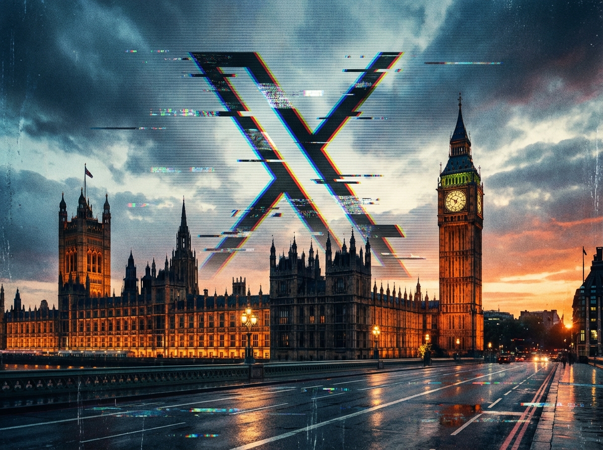 A cinematic digital illustration of the UK Houses of Parliament with a glitching X social media logo hovering in the sky, modern news aesthetic, high contrast, 4:3, no text