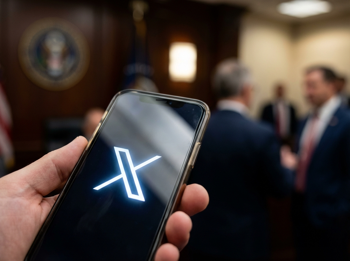 A close-up shot of a smartphone screen displaying the X logo, with a blurry background suggesting a government regulatory office, modern professional photography, high contrast, aspect ratio 4:3, no visible text