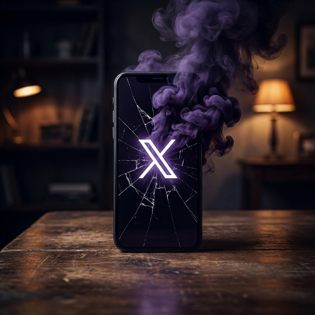 A modern smartphone displaying the X logo on a dark and cracked screen. Dark toxic purple smoke is emerging from the phone. The background is a moody, dimly lit room, focusing on the screen. 1:1 aspect ratio, high contrast, cinematic lighting, no text.