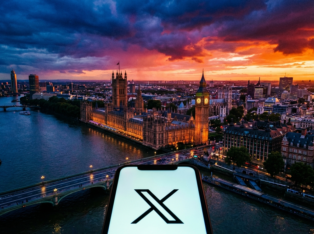 A dramatic high-angle shot of the UK Parliament buildings at sunset with a large smartphone in the foreground displaying the X logo. The atmosphere is tense and cinematic, with cool blue and warm orange tones. 4:3 aspect ratio, no visible text.