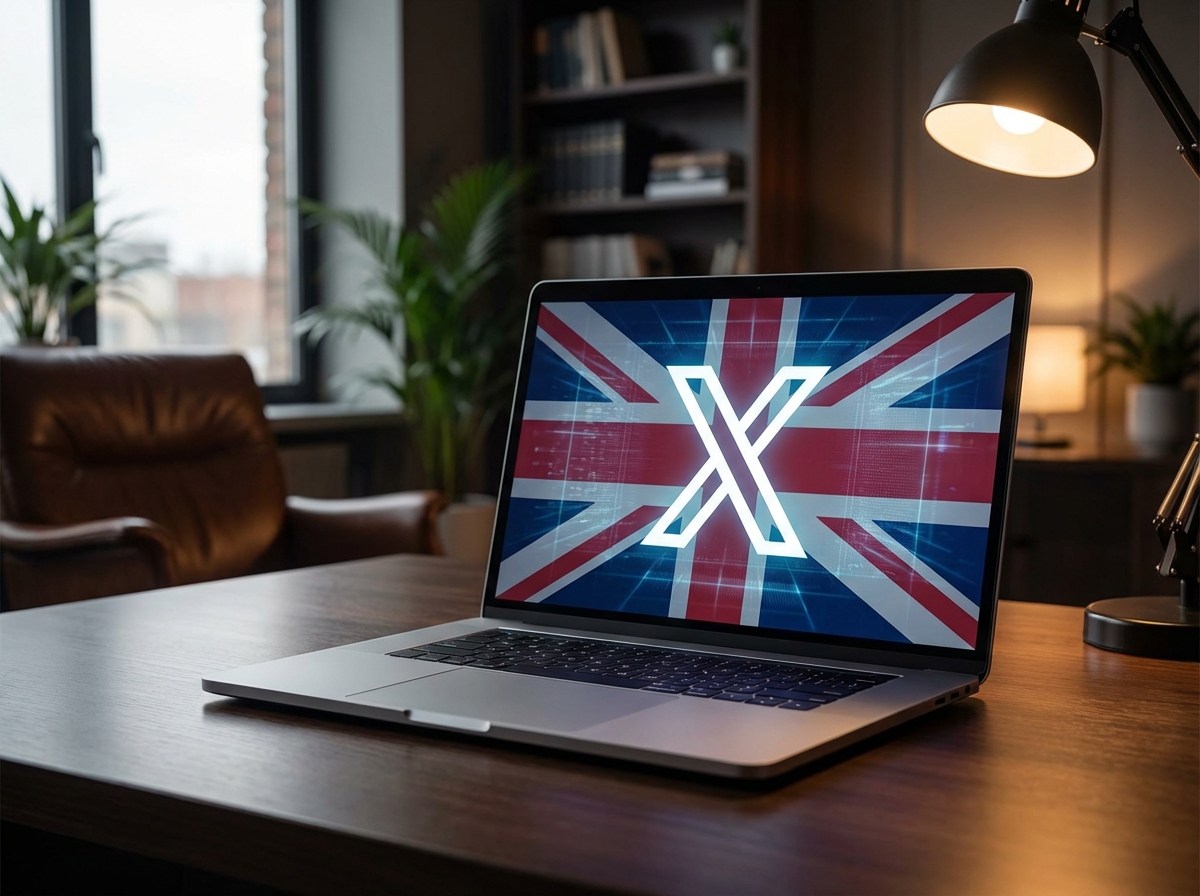 A high-quality photo of a modern laptop screen displaying the X logo alongside a digital overlay of the British Union Jack flag, professional office setting, cinematic lighting, 4:3, no text