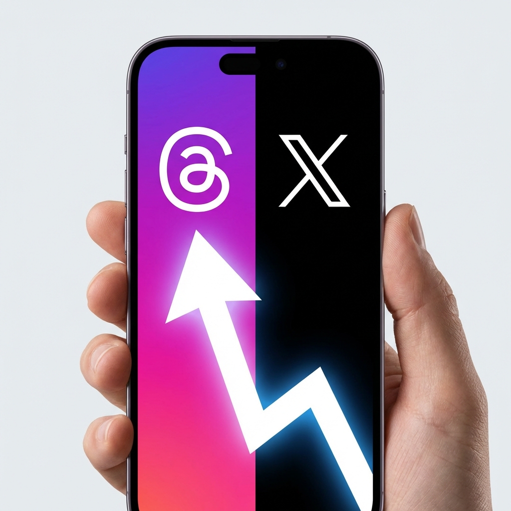 A sleek modern smartphone screen split in half showing the Threads app logo on one side and the X app logo on the other with a rising arrow pointing towards Threads, high quality digital illustration, 1:1, no visible text