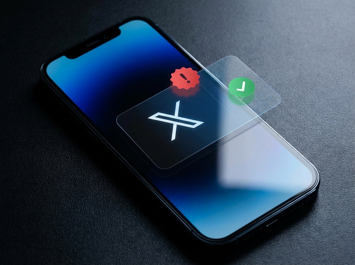 A modern smartphone screen displaying the X logo with a transparent digital overlay showing a warning badge and a checkmark. Professional tech photography, high contrast, blue and black tones, 4:3.