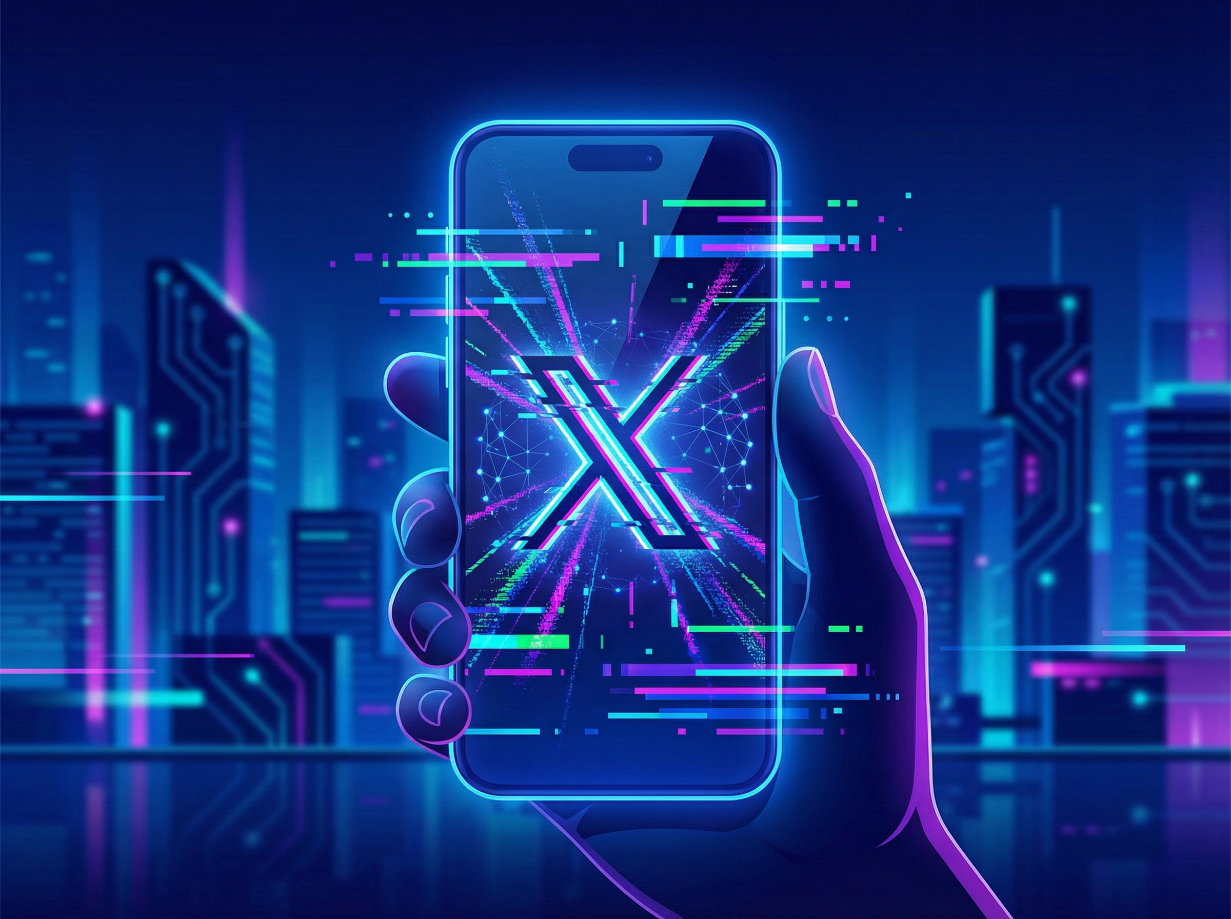A modern digital illustration of a smartphone displaying the X logo with glitch effects representing AI controversy, vibrant dark blue and neon lighting, professional composition, 4:3 aspect ratio, no text.