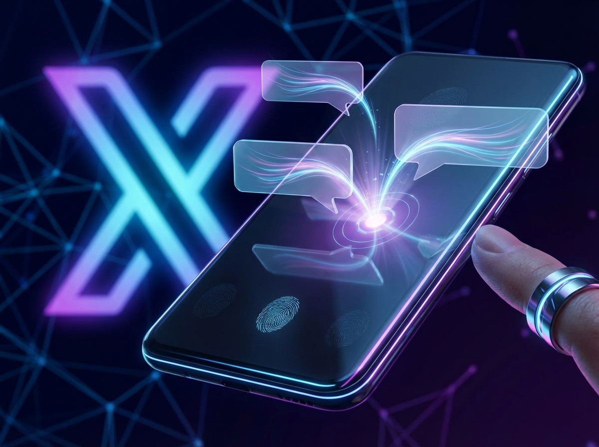 Close up of a smartphone screen showing a chatbot interface with the X logo in the background, modern tech aesthetic, 4:3, no text