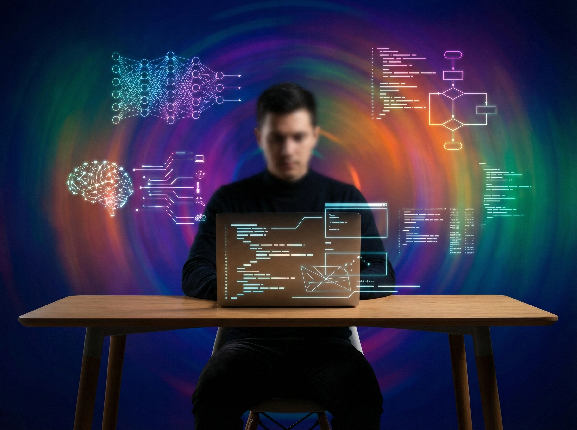 A person, slightly blurred, sitting at a desk with a laptop open showing simplified code on the screen, abstract representations of AI processes in the background. Informational style, modern layout, high contrast, colored gradient background, centered focus, no visible text, no Korean text, aspect ratio 4:3.