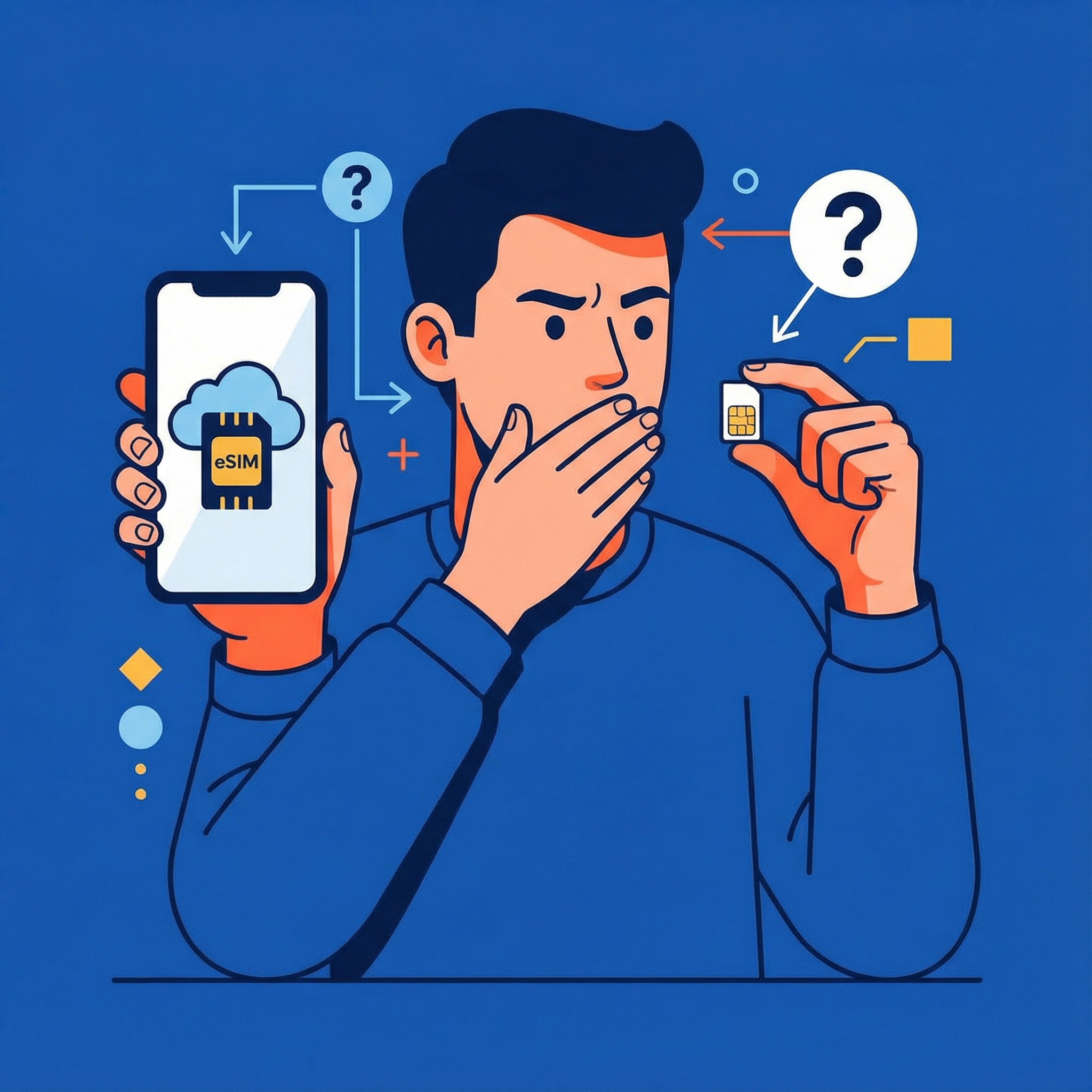 A person with a frustrated expression holding a smartphone, looking at a small physical SIM card. The phone screen shows an eSIM icon. Informational style, clean infographic, modern layout, high contrast, colored background, centered focus, no visible text, 1:1 aspect ratio.