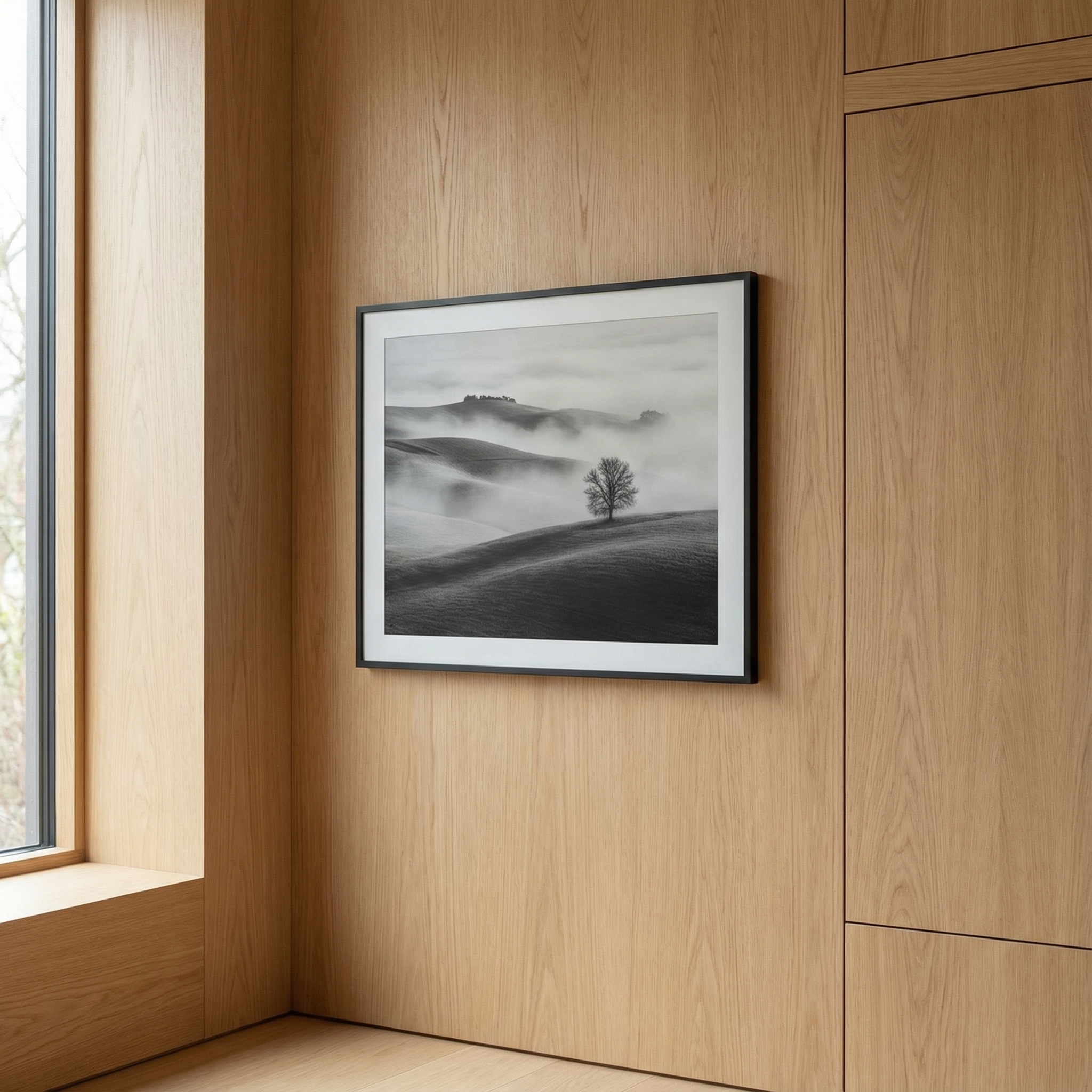 An ultra-slim e-ink digital art frame hanging on a clean wooden wall, displaying a high-quality monochrome landscape photograph, minimalist interior design, 1:1, no visible text