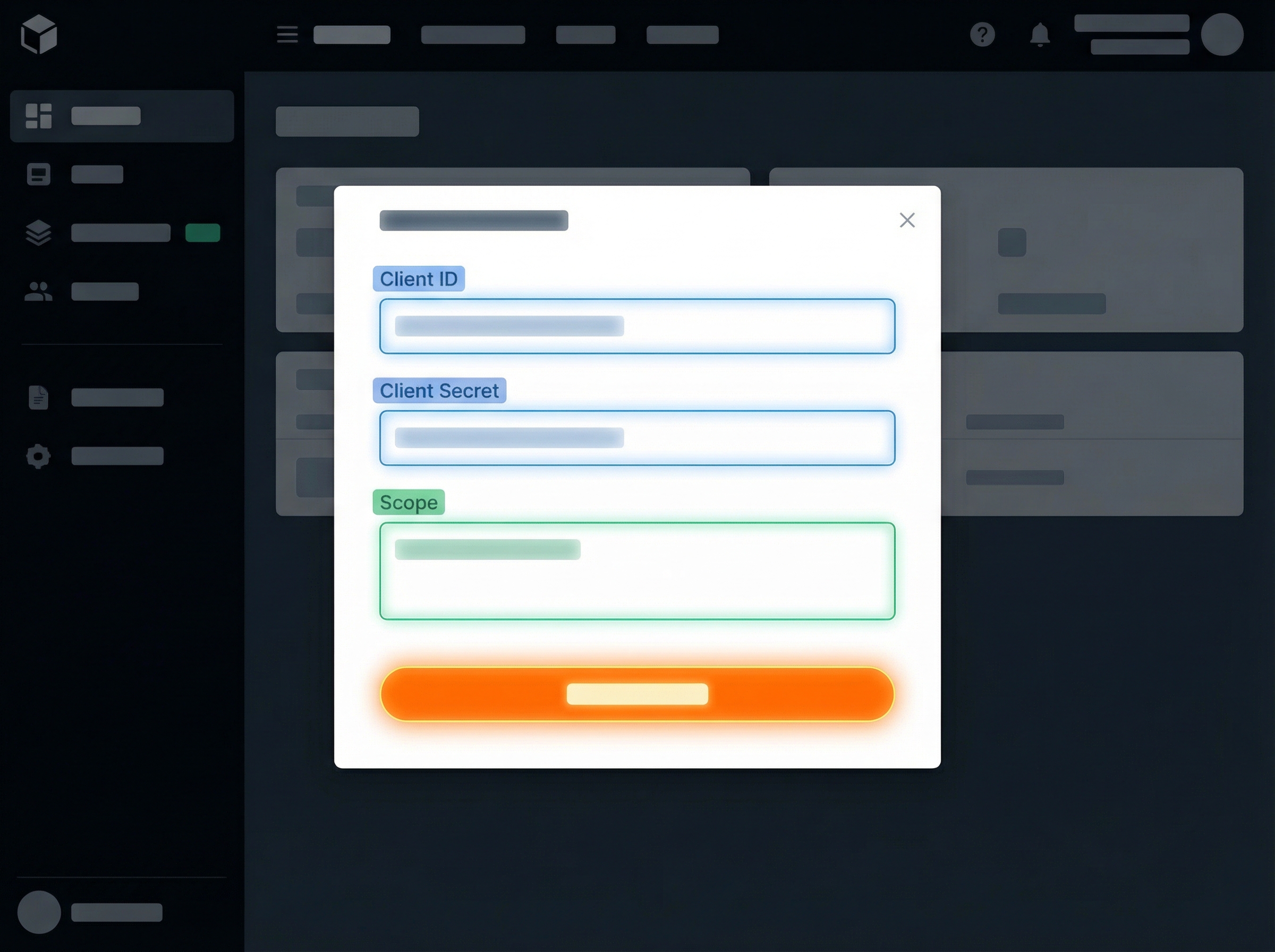 A detailed view of the n8n interface showing the Credential setup for Google services. Highlight the input fields for Client ID, Client Secret, and Scope, along with the 'Authorize' button. Modern layout, high contrast, aspect ratio 4:3, no visible text.