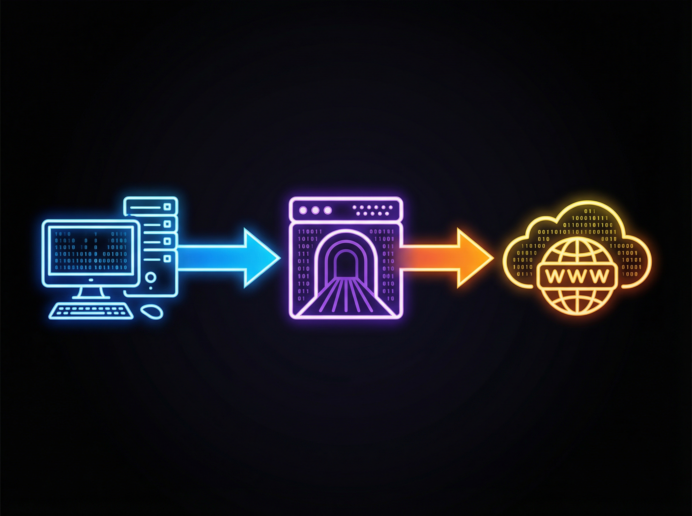 A clean, modern infographic illustrating ngrok's concept. A local computer icon is connected to an ngrok server icon, which then connects to a cloud icon representing the public internet. Arrows show data flow from the local server, through ngrok, to the internet. High contrast, no visible text, aspect ratio 4:3.