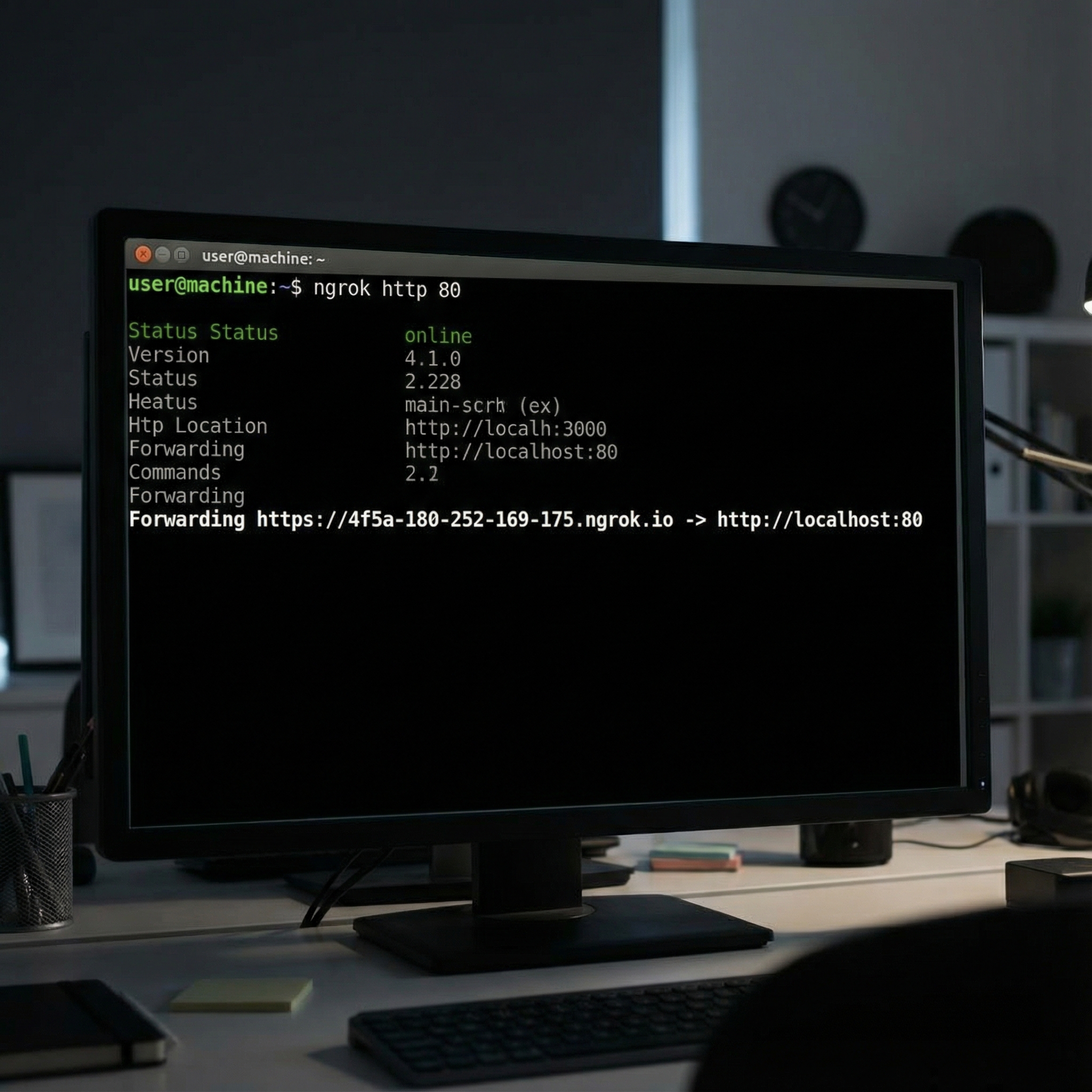 A terminal window displaying a successful ngrok command execution (<code>ngrok http 80</code>) with a clear public URL output. The background is a dark, modern terminal theme. Informational style, high contrast, no visible text, aspect ratio 1:1.