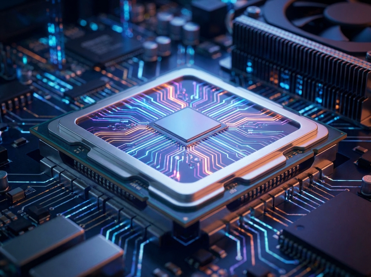 A close-up of a high-tech computer chip with stylized futuristic light patterns, modern and sleek technology background, cinematic lighting, 4:3 aspect ratio, no visible text