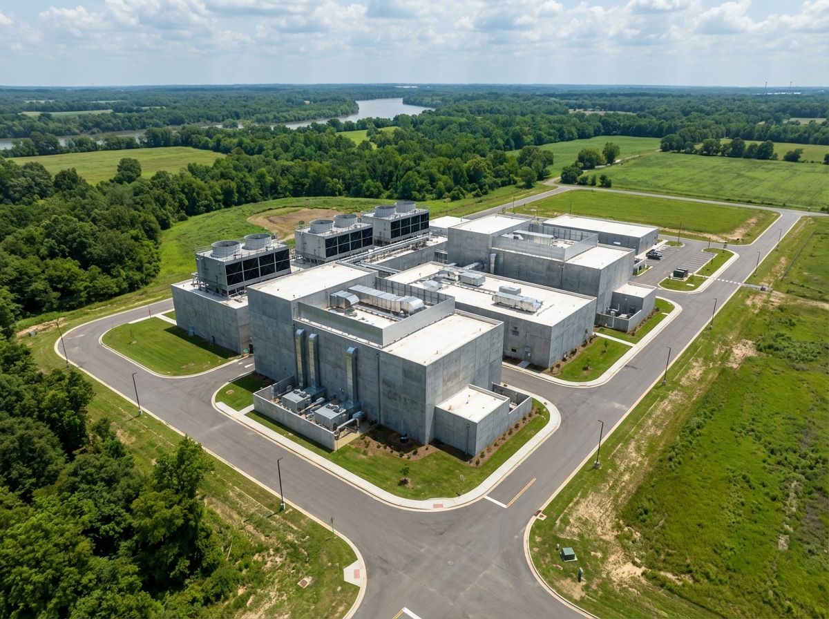 A massive modern industrial data center facility in Memphis, Tennessee, with large gray buildings and cooling systems, surrounded by green landscape, 4:3 aspect ratio, high-quality photography, no text.