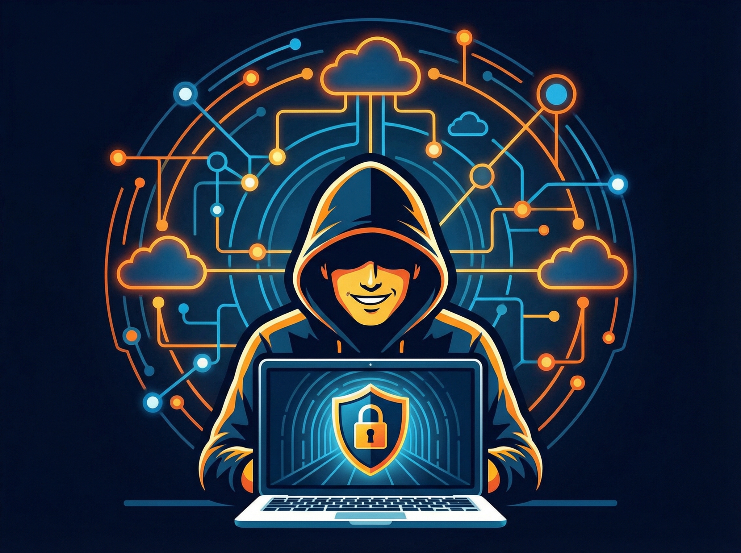 A developer with a satisfied expression, sitting in front of a laptop showing a secure network tunnel icon on the screen. The background is a modern, slightly abstract network diagram. Informational style, clean infographic, high contrast, colored background. Aspect ratio 4:3, no visible text.