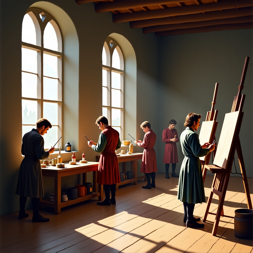 An illustration of a 15th-century Flemish artist workshop. Several apprentices are working on oil paintings under the guidance of a master. Wooden easels, natural light from tall windows, and pigments are scattered around. Textured oil painting style. 4:3