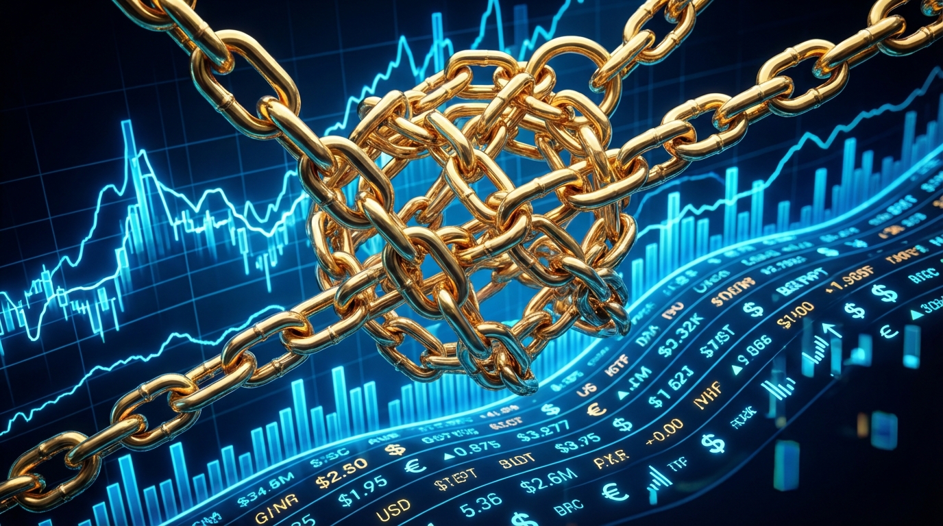 복잡하게 얽힌 황금색 사슬과 디지털 수치