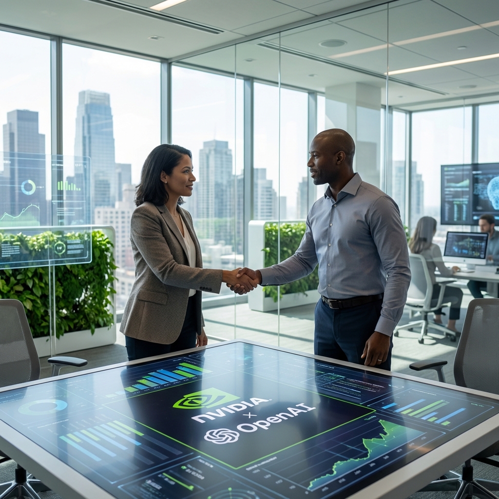 Professional business meeting between tech executives in a modern high-tech office, focus on collaboration and partnership, futuristic vibe, photorealistic, Nvidia OpenAI investment theme, 1:1