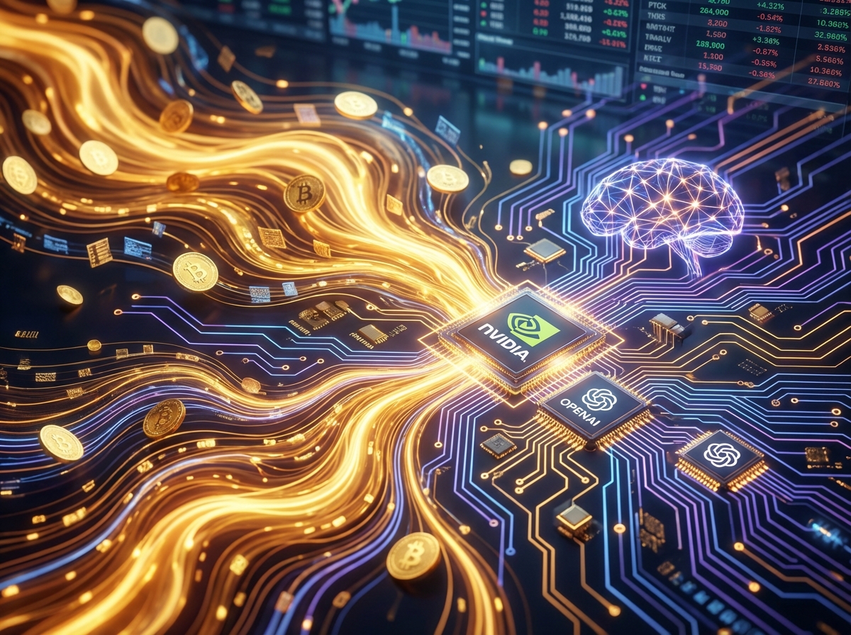 Artistic representation of massive capital flow merging with neural networks and AI chips, golden light, high-tech financial abstract, Nvidia OpenAI investment, 4:3