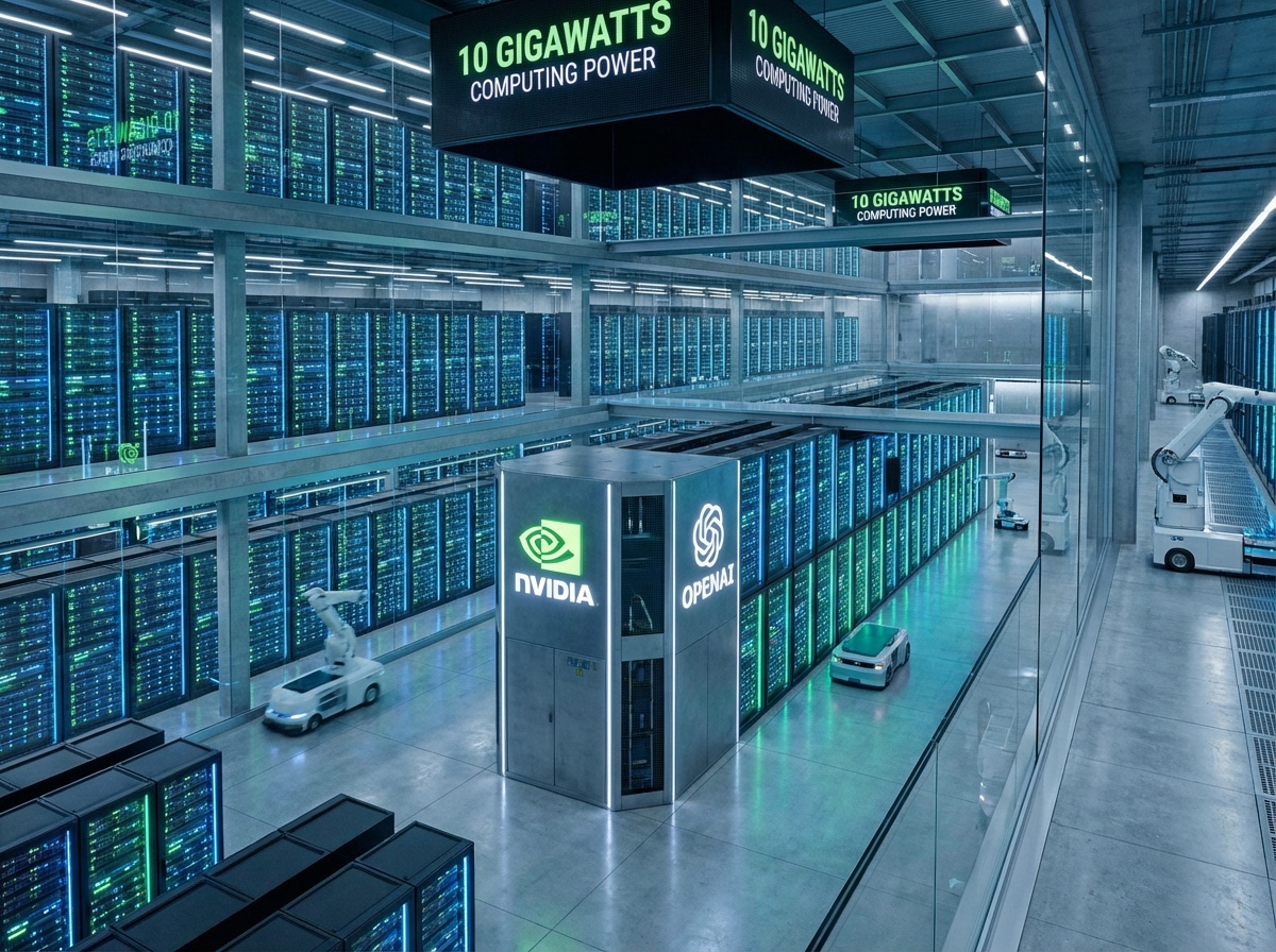 Interior of a massive modern data center with glowing server racks, representing 10 gigawatts of computing power, clean and technological, Nvidia OpenAI investment, 4:3