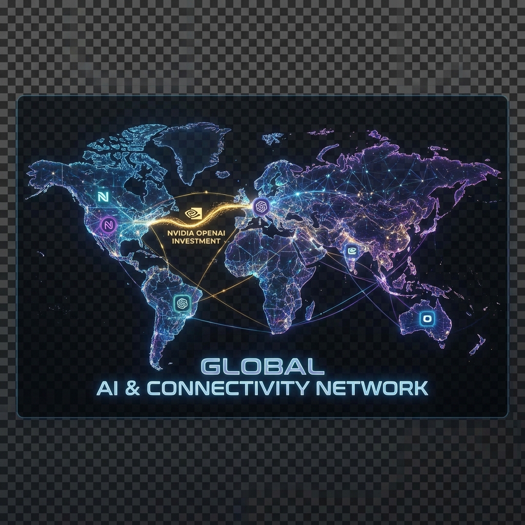 Global network map with glowing nodes representing tech giants collaborating on AI, digital connectivity, sophisticated design, Nvidia OpenAI investment, 1:1