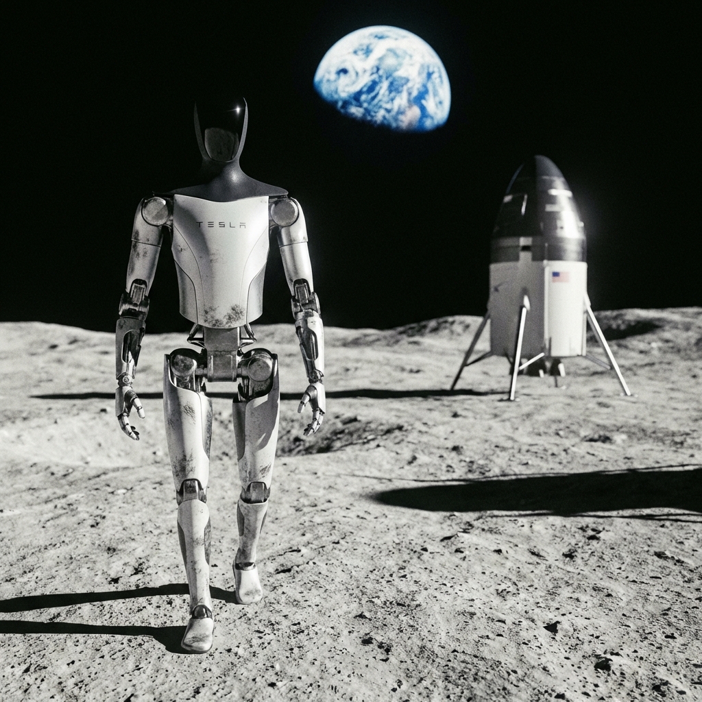 달 표면을 걷고 있는 옵티머스 로봇