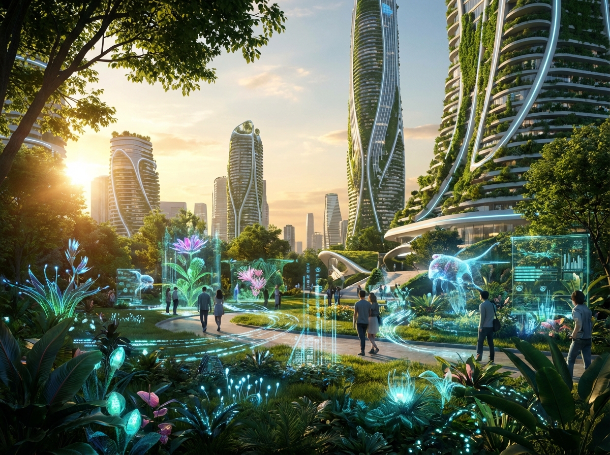 디지털 기술과 자연이 조화를 이루는 미래 지향적인 도시의 풍경