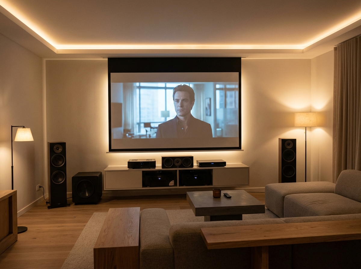 깔끔하게 정리된 거실 홈 시어터 시스템