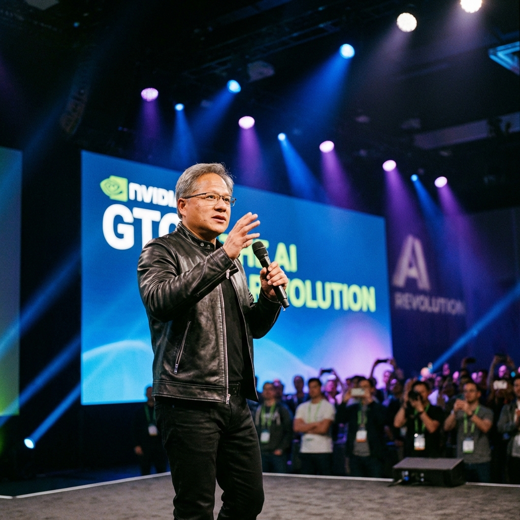 A realistic photography of Jensen Huang in his signature black leather jacket speaking confidently at a modern tech conference stage. High-end stage lighting, professional camera angle, blurred background with tech enthusiasts, vibrant colors. 1:1