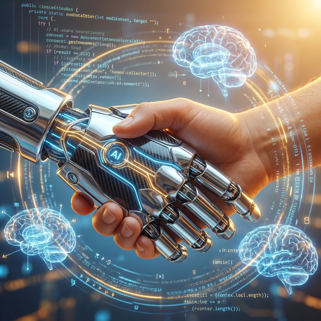 A detailed 3D rendering of a futuristic robot hand shaking a human hand. Surrounded by glowing data streams and holographic AI neural networks. Warm lighting, symbolic of trust and partnership between human intelligence and AI technology. 1:1