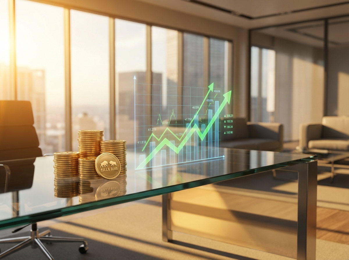 A visual concept of financial investment featuring golden coins stacked neatly next to a rising digital stock chart on a sleek glass surface. Warm sunlight, modern business office background, high quality 3D illustration, clean and professional. 4:3