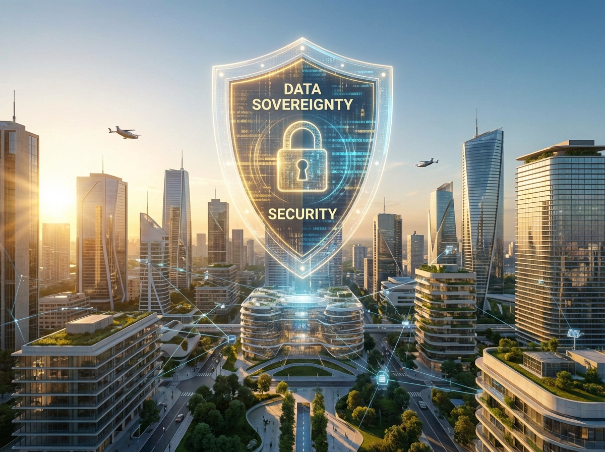 도시의 디지털 주권을 상징하는 추상적인 스마트 시티 구조