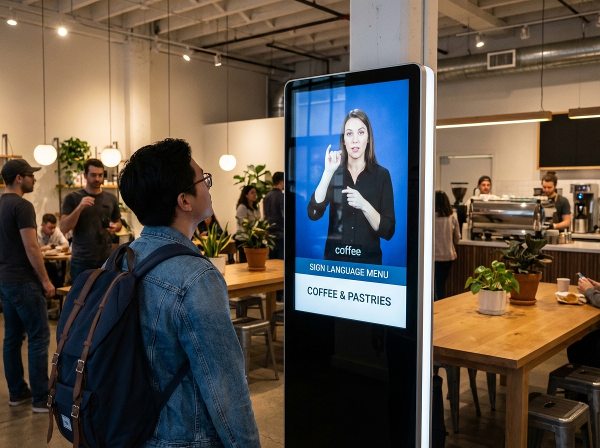 A person standing in front of a digital touchscreen menu in a cafe, the screen displays a video of a person performing sign language, dialogue cafe environment, modern technology, realistic style, 4:3
