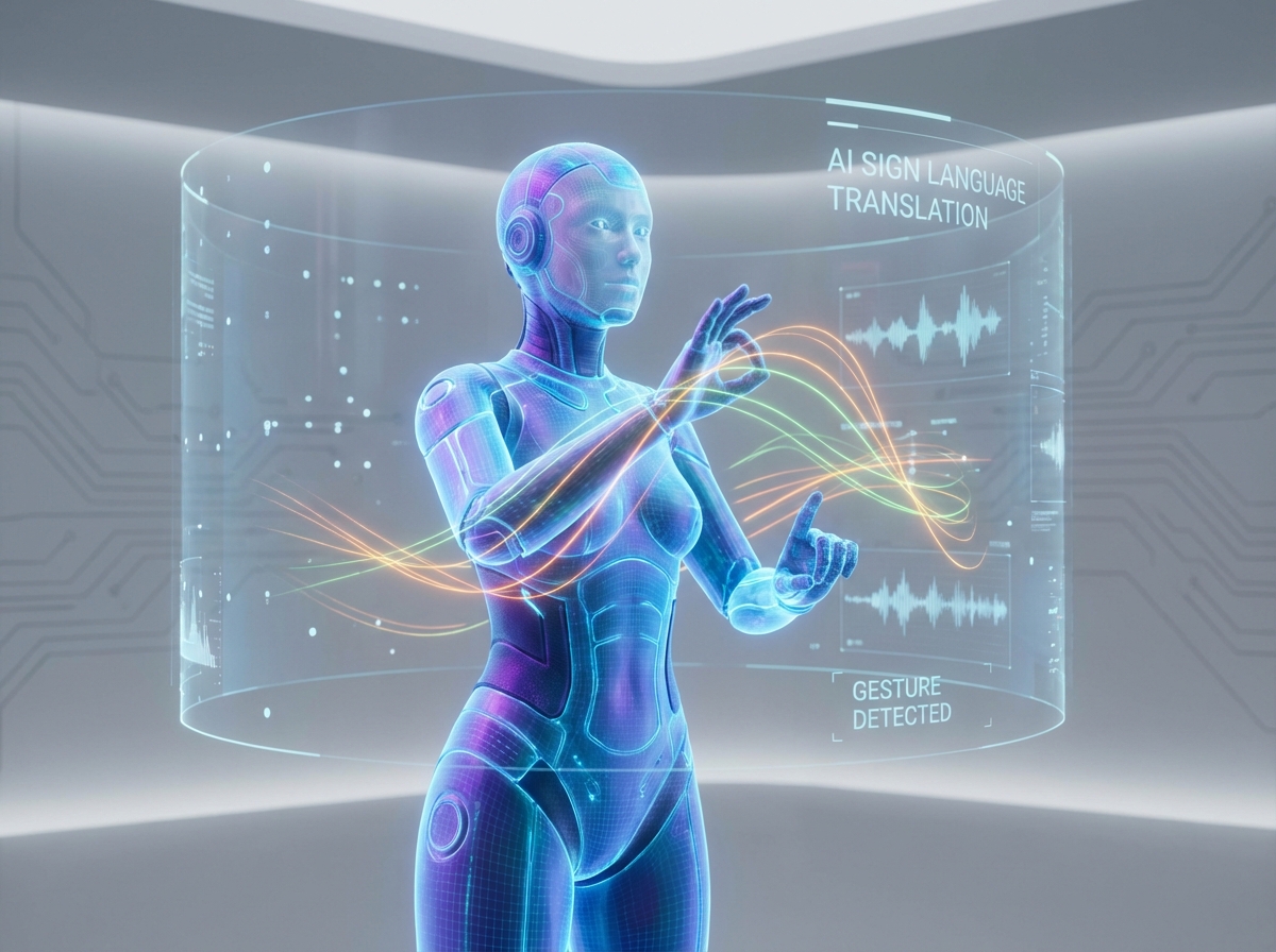A high-tech digital 3D avatar performing sign language, glowing lines indicating motion, futuristic interface, representative of AI sign language translation technology, clean background, 4:3