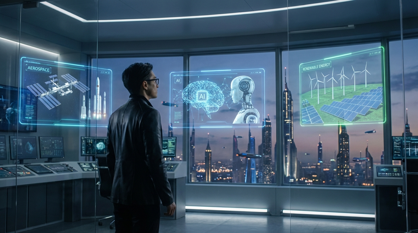 A visionary leader standing in a high-tech control room overlooking a futuristic city skyline with holograms representing aerospace, AI, and renewable energy industries. Professional lighting, cinematic composition, high quality, 16:9 aspect ratio. --ar 16:9