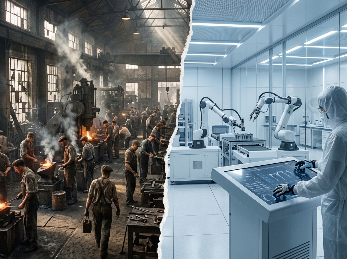 A split-screen composition showing an old industrial factory with many workers on one side and a sleek modern laboratory with a single person controlling advanced robotics on the other side. High contrast, realistic style, 4:3 aspect ratio. --ar 4:3