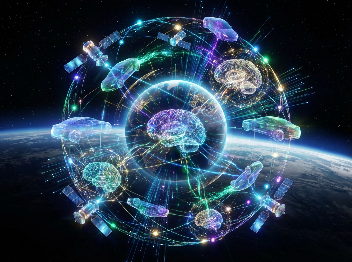 A conceptual 3D visualization of a global network connecting symbols of satellites, electric cars, and neural networks. Vibrant colors, dark background, detailed digital art, 4:3 aspect ratio. --ar 4:3