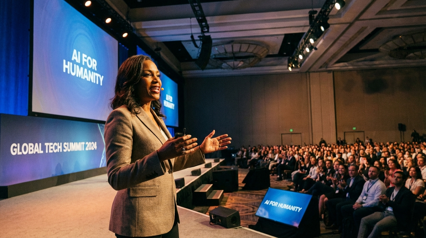 A confident speaker presenting on a stage at a global tech summit, looking at the audience with passion. Warm stage lighting, professional atmosphere, realistic photography, 16:9 aspect ratio. --ar 16:9