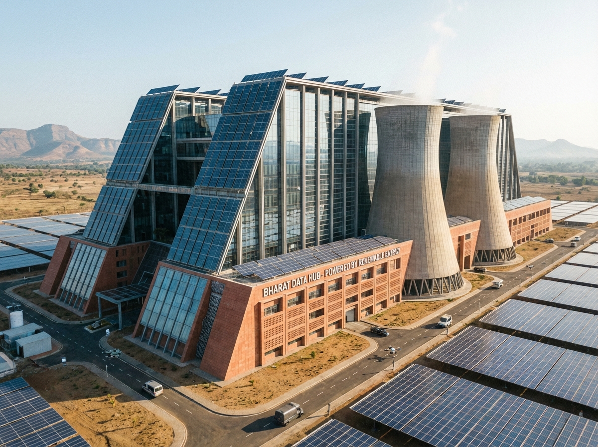 A futuristic and large-scale data center facility located in India, featuring modern architectural design with solar panels and high-tech cooling systems, bright daylight, cinematic lighting, 4:3