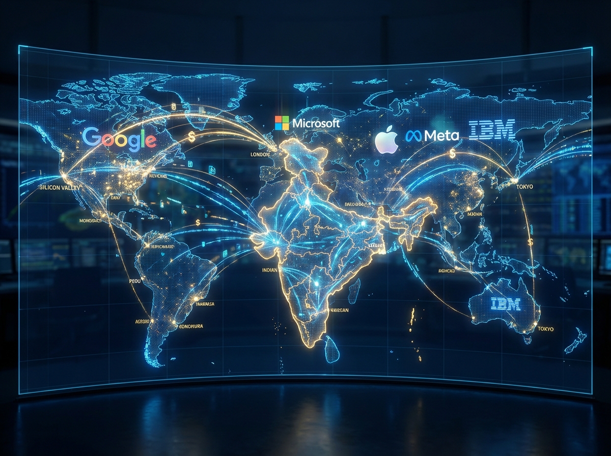 A high-tech digital world map focused on India with logos of major global tech companies and glowing connection lines representing massive financial investments, vibrant blue and gold tones, 4:3