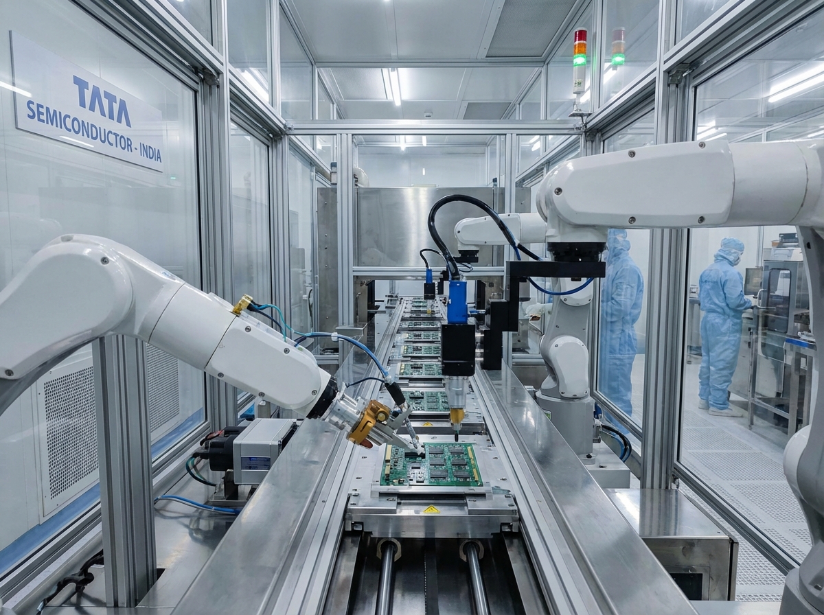 A close-up shot of a high-tech automated semiconductor assembly line in an Indian factory, focused on robotic arms assembling circuit boards, clean and bright environment, 4:3
