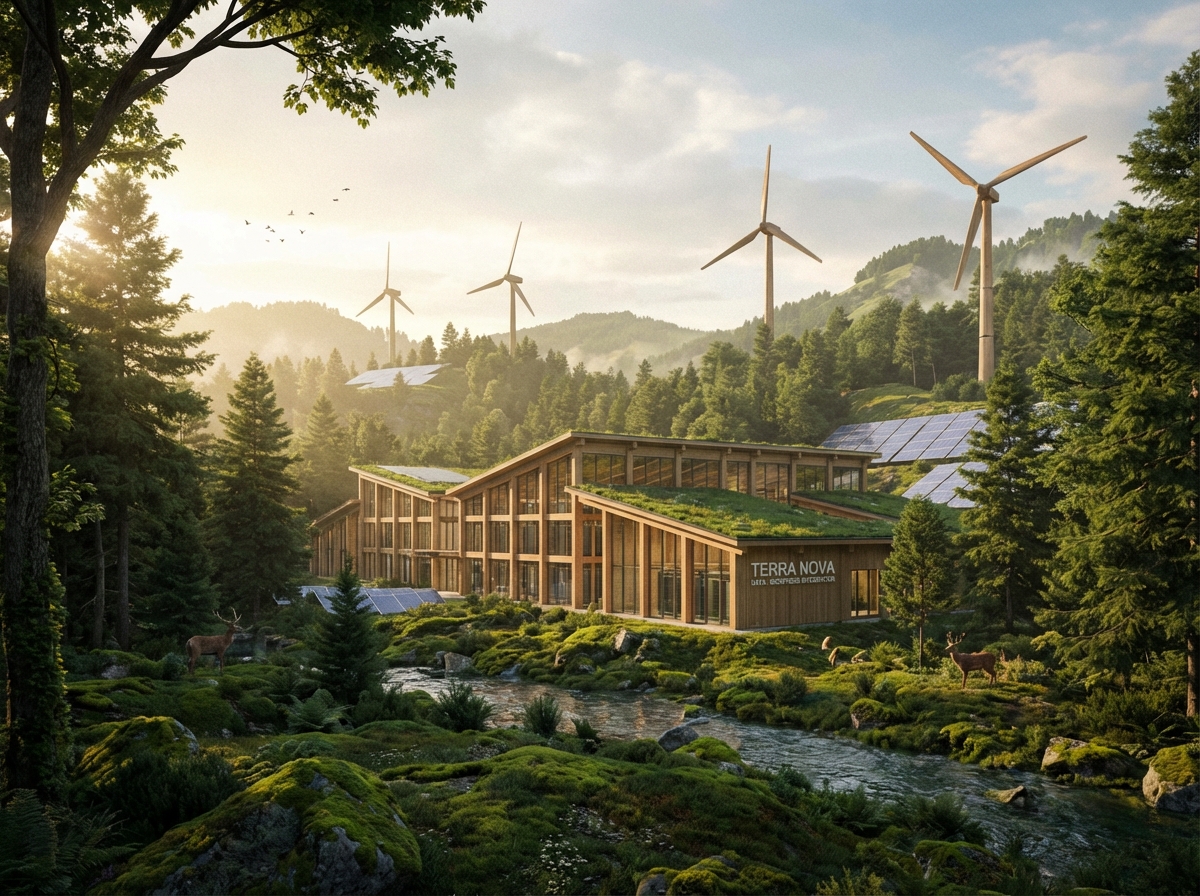 An eco-friendly data center surrounded by lush greenery and wind turbines, showing a balance between technology and nature, soft natural lighting, 4:3