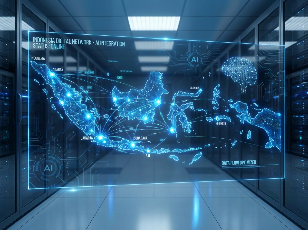 A high-tech digital network map of Indonesia with glowing blue nodes and connections, representing the internet and AI technology integration, professional and clean aesthetic, 4:3