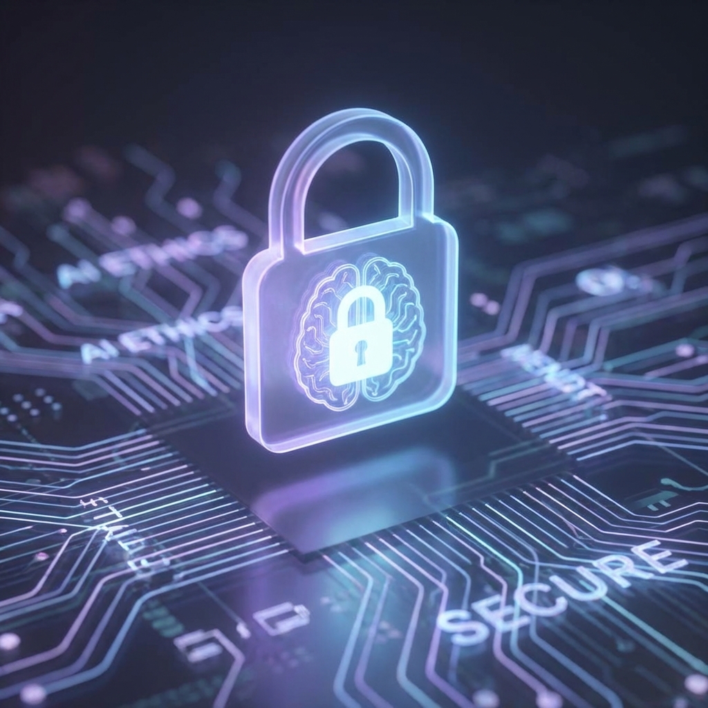 A futuristic digital lock icon floating over a glowing circuit board background, symbolizing AI security and ethical guidelines, soft blue and purple lighting, 1:1