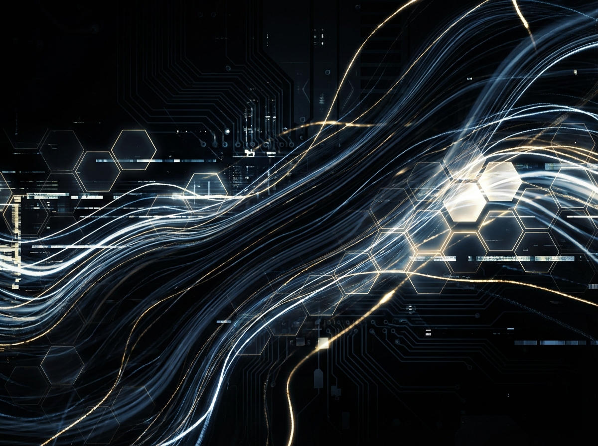 High contrast abstract background with flowing data streams and security hex patterns, modern and sophisticated digital art style, 4:3